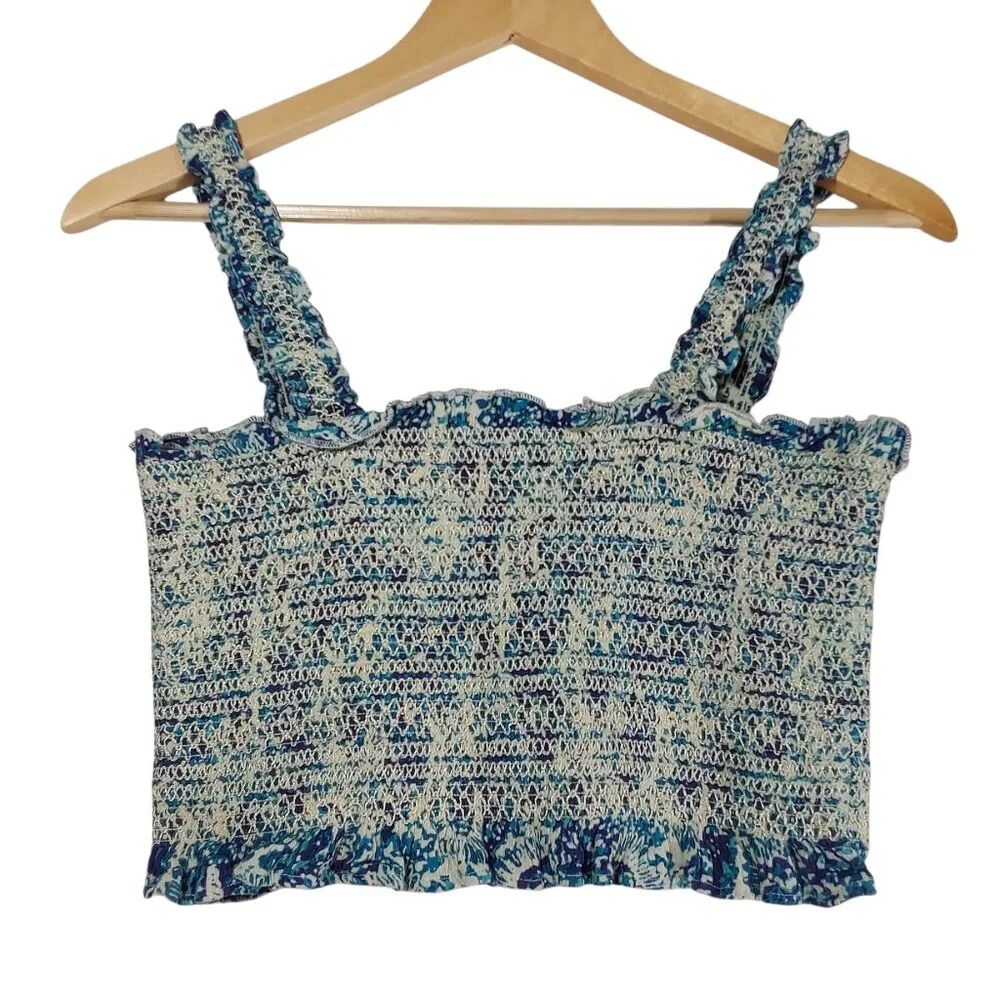 Free People Thalia Ruched Crop Top Sleeveless Square Neck Blue Purple Print - L